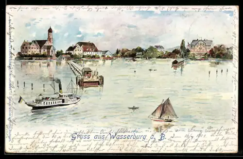 Lithographie Wasserburg a. B., Hafen, Kirche, Dampfschiff auf dem Bodensee