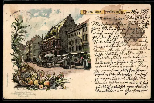 Lithographie Freiburg i. B., Kaufhaus, Marktgeschehen, Obstarrangement