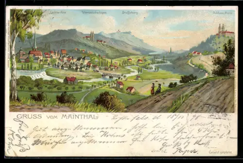 Lithographie Lichtenfels /Mainthal, Panorama mit Vierzehnheiligen und Staffelberg