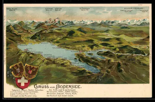 Lithographie Lindau /Bodensee, Panorama mit Alpenblick und Wappen