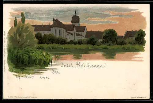 Lithographie Insel Reichenau, Klosteransicht über dem See