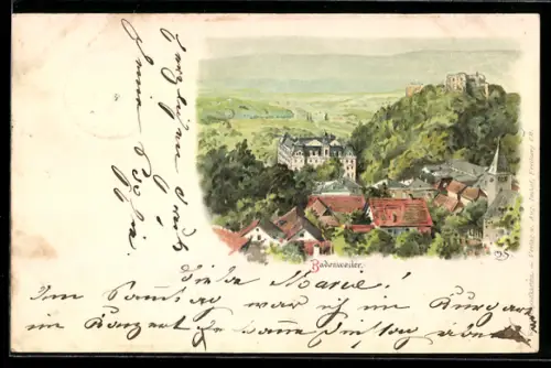 Lithographie Badenweiler, Ortsansicht mit Burg und Kirche