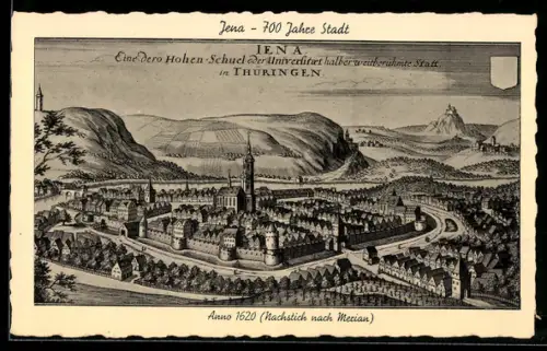 Künstler-AK Jena in Thüringen, Historische Ortsansicht im Jahr 1620 nach Merian
