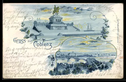 Lithographie Koblenz, Deutsches Eck mit Reiterdenkmal und Rheinansicht