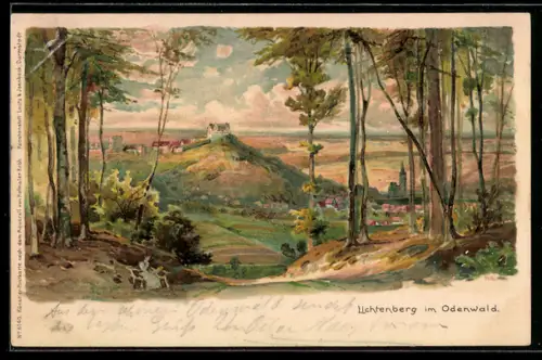 Lithographie Lichtenberg im Odenwald, Blick auf Burg Lichtenberg und Umgebung