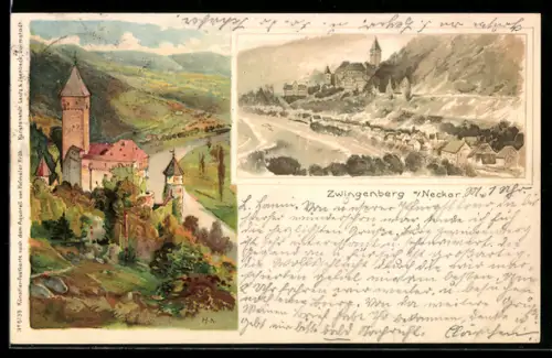 Lithographie Zwingenberg a. Neckar, Burg Zwingenberg, Ortsansicht