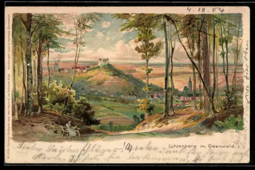 Lithographie Lichtenberg im Odenwald, Blick auf Burg Lichtenberg und Umgebung
