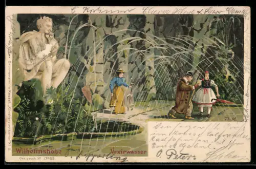 Lithographie Kassel, Wilhelmshöhe, Vexierwasser, Brunnenanlage, Statue