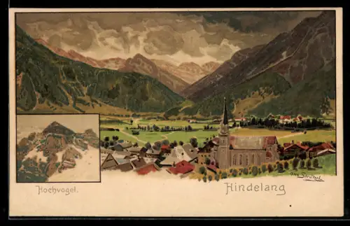 Lithographie Hindelang, Kirche, Ortsansicht, Hochvogel