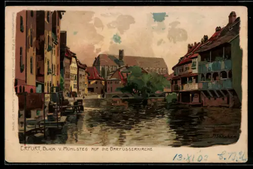 Lithographie Erfurt, Blick vom Mühlsteg auf die Barfüsserkirche