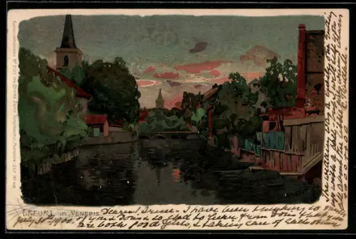 Lithographie Erfurt, Im Venedig, Flussansicht mit Kirche und Brücke