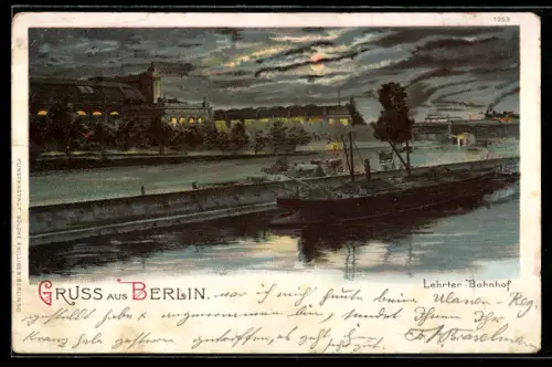 Lithographie Berlin-Tiergarten, Lehrter Bahnhof bei Nacht
