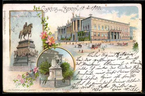 Lithographie Berlin, Palais Kaiser Wilhelm, Denkmal Friedrich d. Grosse, Denkmal Kaiserin Augusta