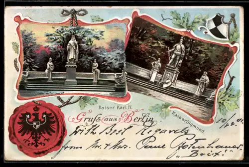 Lithographie Berlin, Denkmäler Kaiser Karl IV., Kaiser Sigismund