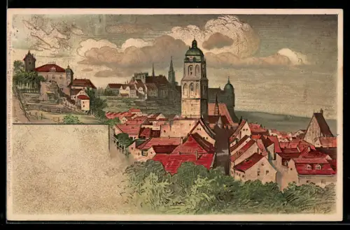 Lithographie Meissen, Ortsansicht mit Altstadt