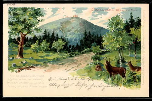 Lithographie Inselsberg, Landschaftsansicht mit Berg, Wald und Hirschen