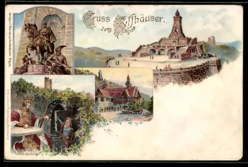 Lithographie Kyffhäuser, Kyffhäuserdenkmal, Kaiser Barbarossa-Sage