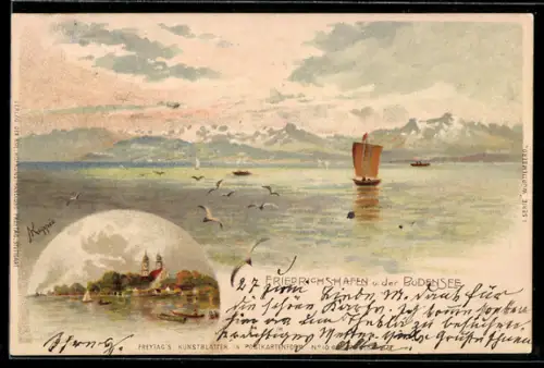 Lithographie Friedrichshafen a. Bodensee, Segelboote, Bergpanorama, Insel mit Kirche
