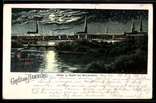 AK Hamburg, Alster und Stadt bei Mondschein