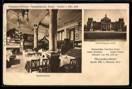 AK Berlin, Alexandra-Hotel, Speisezimmer, Mittelstrasse 16-17