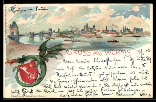 Lithographie Worms, Rheinbrücke, Ortspanorama, Wappen mit Drachen