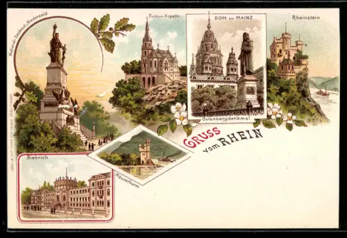 Lithographie Biebrich /Rhein, Niederwalddenkmal, Dom zu Mainz, Schloss Rheinstein, Rochus-Kapelle