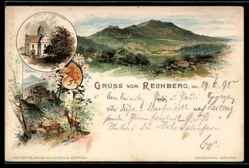 Lithographie Rechberg, Kirche, Ruine und Landschaft