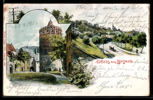 AK Leisnig, Stadtturm, Ortsansicht