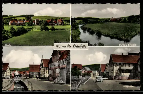 AK Rhina /Hünfeld, Kirche, Partie a. d. Haune, Kirche, Ortspartien
