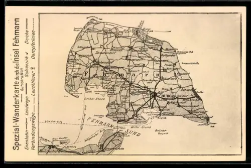 AK Fehmarn, Spezial-Wanderkarte, Verbindungswege, Leuchtfeuer, Dampferlinien