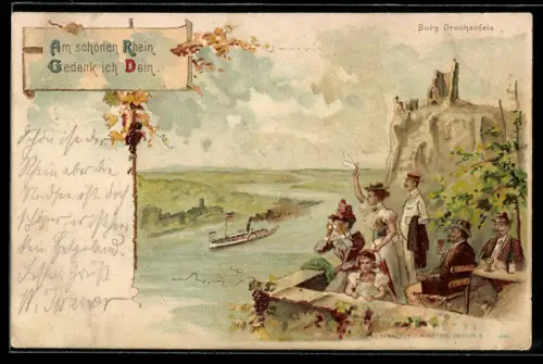 Lithographie Drachenfels, Burg Drachenfels, Rheinansicht, Ausflügler