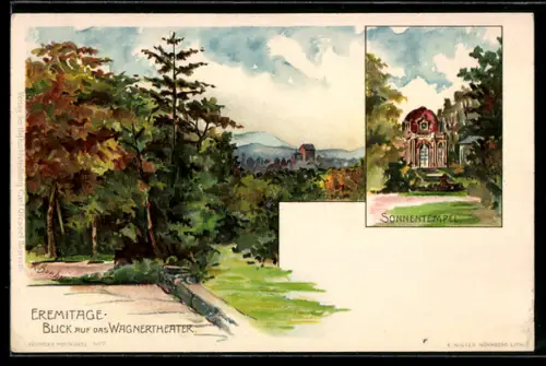 Lithographie Bayreuth, Eremitage, Blick auf das Wagner-Theater, Sonnentempel