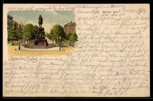 Lithographie Berlin, Unter den Linden, Reiterstandbild Friedrich des Grossen