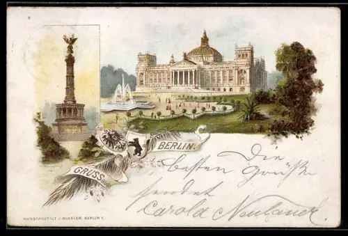 Lithographie Berlin-Tiergarten, Reichstagsgebäude, Siegessäule