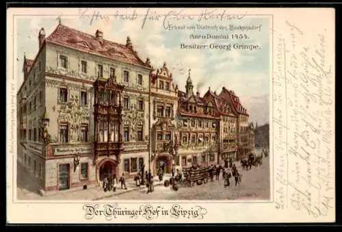 Lithographie Leipzig, Gasthaus Thüringer Hof, erbaut 1454, Besitzer Georg Grimpe