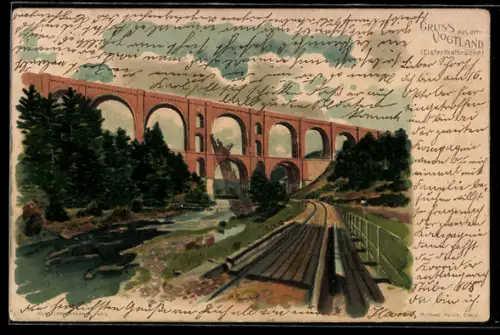 Lithographie Elstertalbrücke, Vogtland, Blick auf die Brücke vom Tal aus