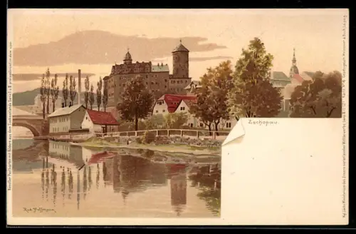 Lithographie Zschopau, Schloss, Flussufer, Stadtansicht