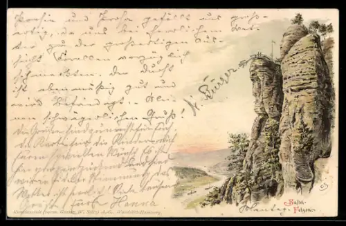 Lithographie Bastei, Ansicht der Felsen mit der Elbe im Hintergrund