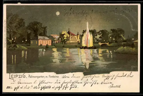 Lithographie Leipzig, Palmengarten, Fontaine bei Nacht