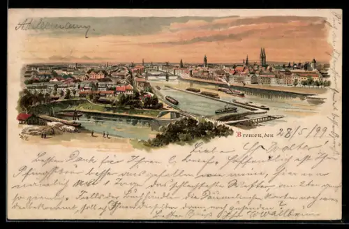 Lithographie Bremen, Stadtansicht mit Weser und Hafen