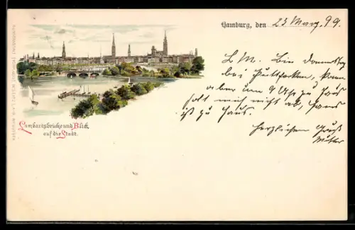 Lithographie Hamburg-Neustadt, Lombardsbrücke und Blick auf die Stadt
