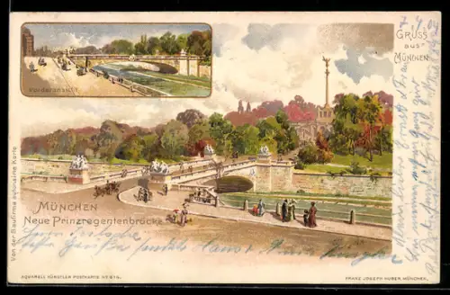 Lithographie München, Neue Prinzregentenbrücke, Vordersansicht, Friedensengel