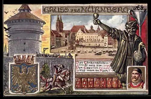 AK Nürnberg, Blick auf den Marktplatz, Frauentorturm, Wappen