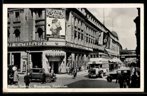 AK Berlin, Café Wintergarten, Friedrichstrasse, -Fahne, Strassenverkehr