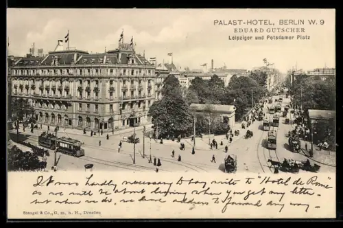 AK Berlin-Tiergarten, Palast-Hotel, Eduard Gutscher, Leipziger und Potsdamer Platz, Strassenbahn