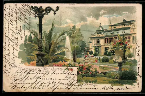 Lithographie Frankfurt-Westend, Palmengarten, Brunnen, Gesellschaftshaus