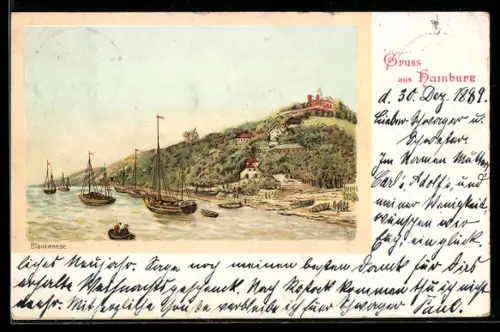 Lithographie Hamburg, Blick auf Blankenese, Elbufer mit Segelbooten