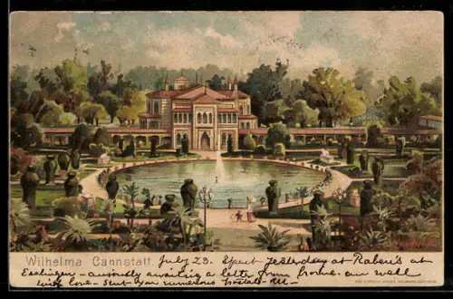 Lithographie Cannstatt, Wilhelma, Gartenanlage, Schlossbau