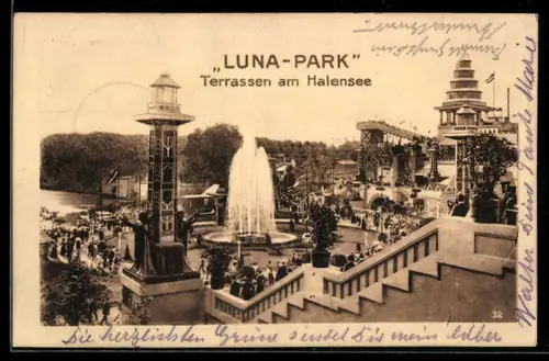 AK Berlin, Gasthof Luna-Park Terrassen am Halensee, Springbrunnen, Aussichtsturm, Besuchergruppen