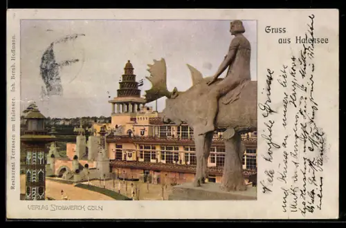 AK Berlin-Halensee, Restaurant Terrassen am Halensee, Inh. Berth. Hoffmann, Statue